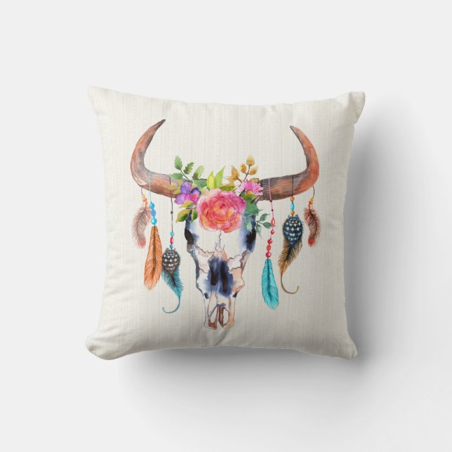 Watercolor Bull Skull And Indian Symbols Cushion (Front)