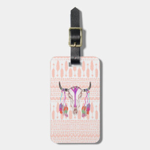 Watercolor Bull Skull Feathers and Arrow Aztec Luggage Tag