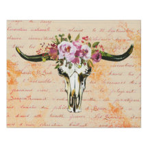Watercolor Bull Skull W/Pink Rose Crown Canvas