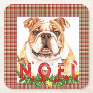 Watercolor Bulldog Noel Christmas  Square Paper Coaster