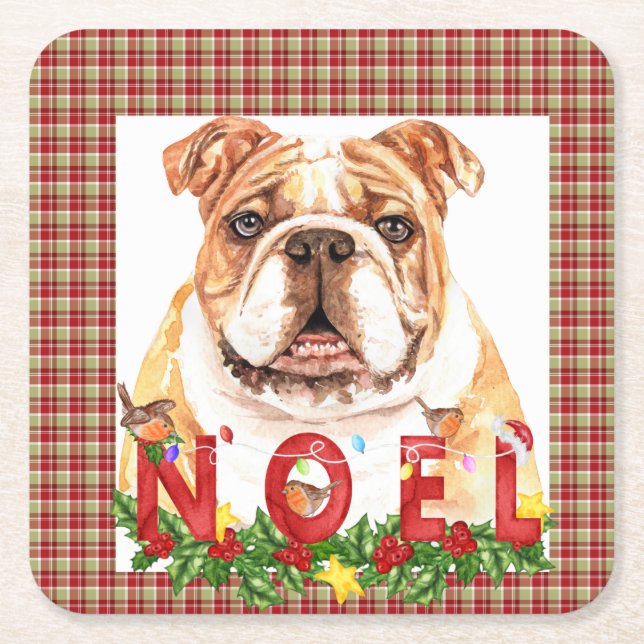 Watercolor Bulldog Noel Christmas  Square Paper Coaster (Front)