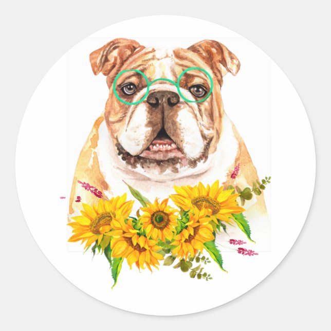 Watercolor Bulldog & Sunflowers  Classic Round Sticker (Front)