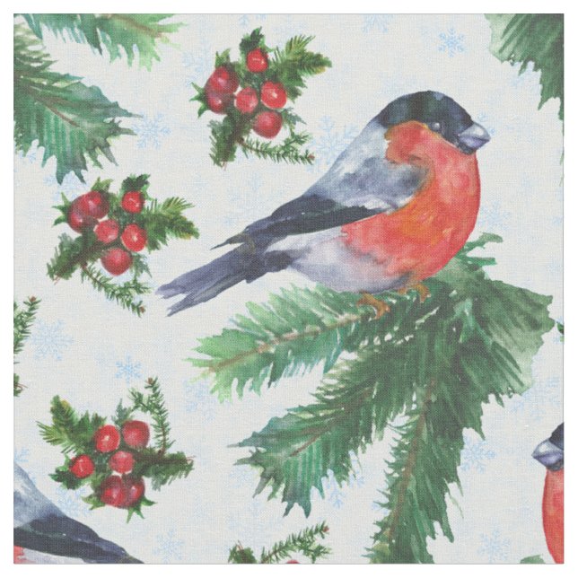 watercolor bullfinch fabric (Close Up)