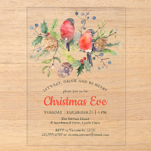 Watercolor Bullfinch Floral Christmas Eve Party Acrylic Invitations