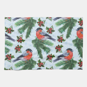 watercolor bullfinch tea towel