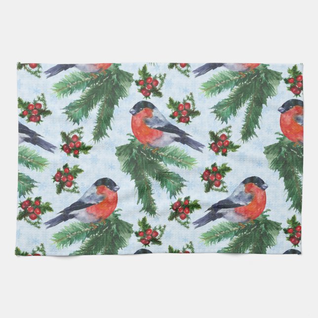 watercolor bullfinch tea towel (Horizontal)