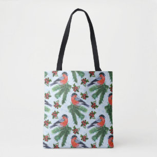 watercolor bullfinch tote bag