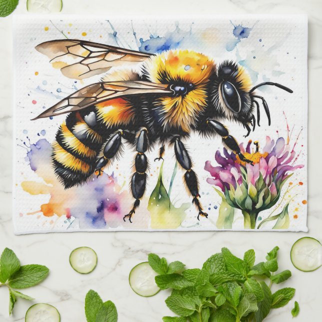 Watercolor Bumble Bee Honey Apiarist Kitchen Towel (Folded)
