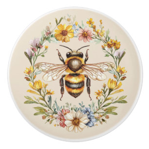 Watercolor Bumblebee Floral Wreath Charm Ceramic Ceramic Knob