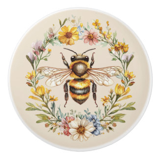 Watercolor Bumblebee Floral Wreath Charm Ceramic Ceramic Knob