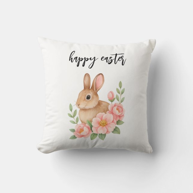 Watercolor Bunnt and Pink Floral Wreath Easter Cushion (Front)