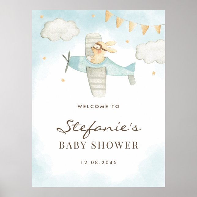 Watercolor Bunny Aeroplane Blue Baby Shower Welcom Poster (Front)