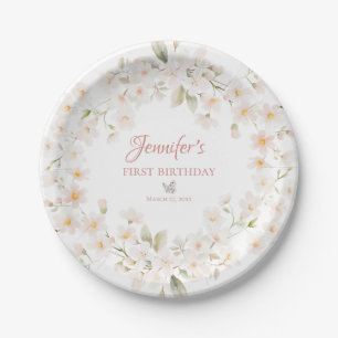Watercolor Bunny and Floral First Birthday Paper Plate