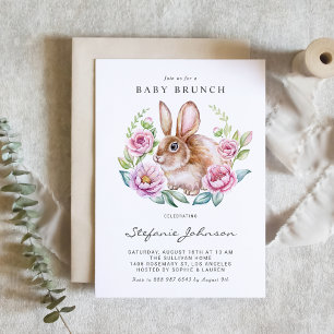 Watercolor Bunny and Pink Flowers Baby Brunch Invitation