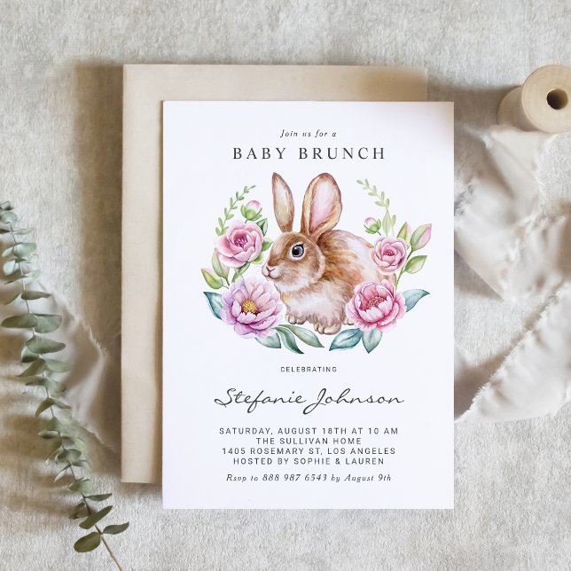Watercolor Bunny and Pink Flowers Baby Brunch Invitation (Customizable baby brunch invitation featuring a cute watercolor rabbit with pink floral wreath. )