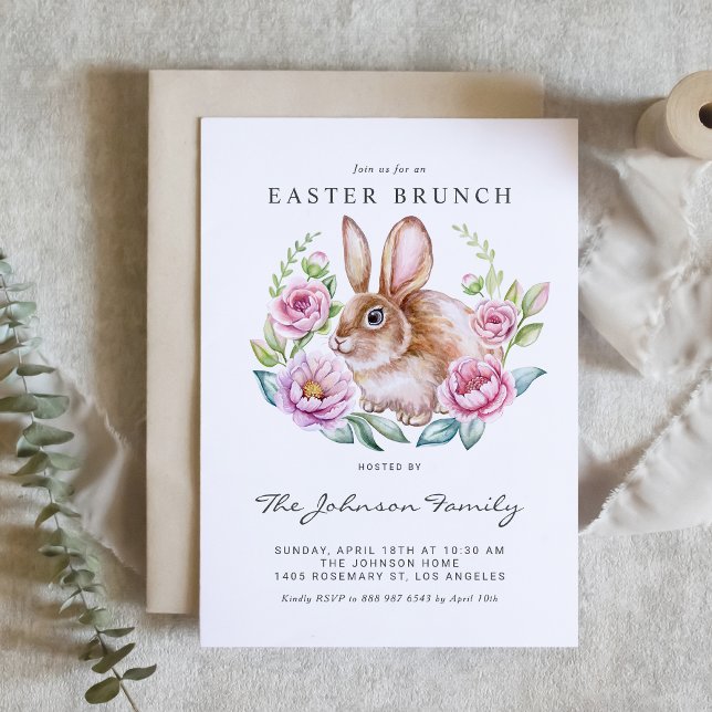 Watercolor Bunny and Pink Flowers Easter Party Invitation (Customizable Easter Brunch invitation featuring a cute watercolor bunny with pink flowers.)