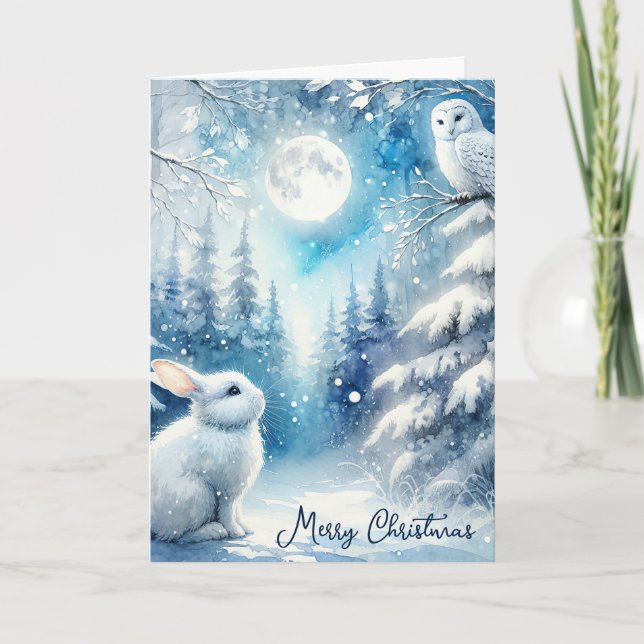 Watercolor Bunny And Snowy Owl Holiday Card (Front)