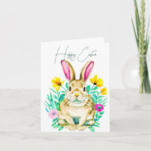 Watercolor bunny and spring flowers custom Easter Card