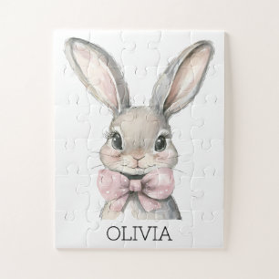 Watercolor Bunny Animal Pink Bow Custom Name Kids Jigsaw Puzzle