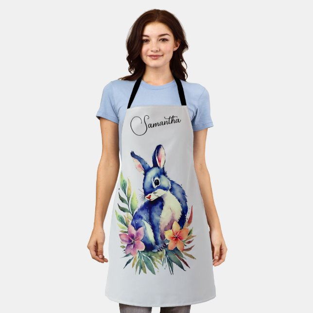 Watercolor Bunny Art Apron - Elegant Floral Design (Worn)