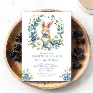Watercolor Bunny Blueberry Wreath First Birthday Invitation