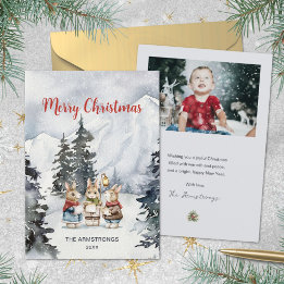Watercolor Bunny Carolers Family Photo Christmas Holiday Card