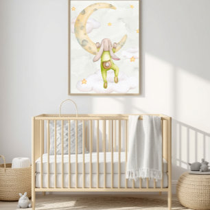Watercolor Bunny Climbing Moon Nursery Art - Blue Poster