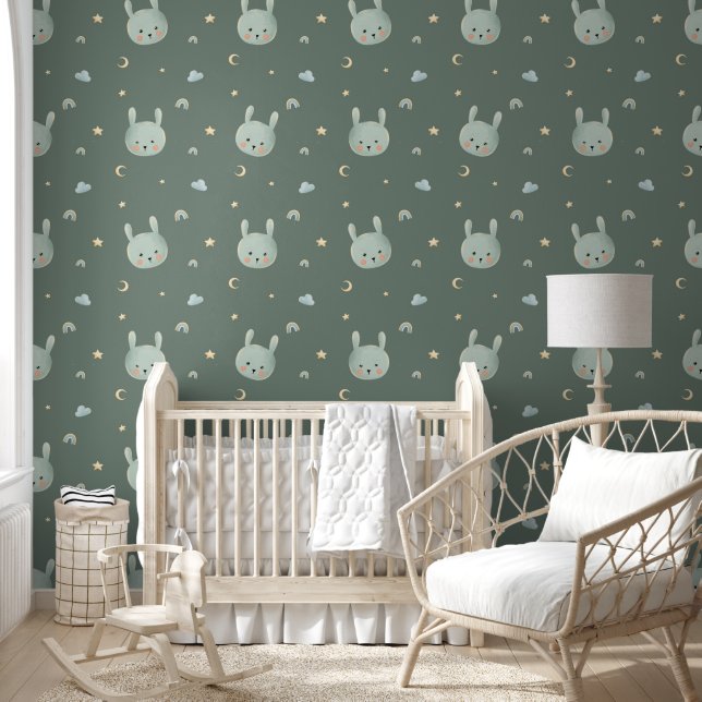 Watercolor Bunny Clouds Rainbow Dreamy Nursery  Wallpaper (Kids)