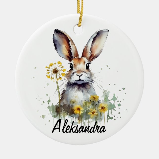 Watercolor Bunny Dandelion Ceramic Circle Ornament (Front)