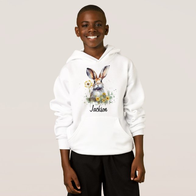 Watercolor Bunny Dandelion Kids' Pullover Hoodie (Front Full)