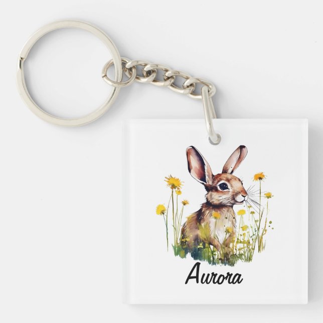 Watercolor Bunny Dandelion Square Key Chain (Front)