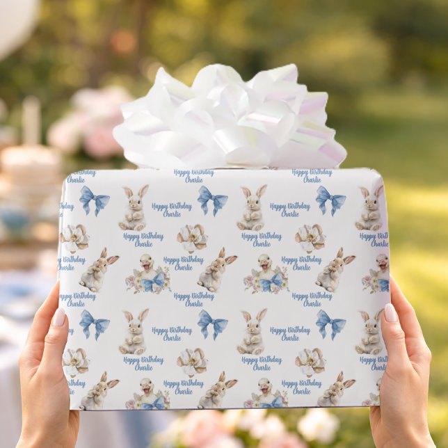 Watercolor Bunny Duck Blue Bow Happy Birthday Wrapping Paper (Creator Uploaded)