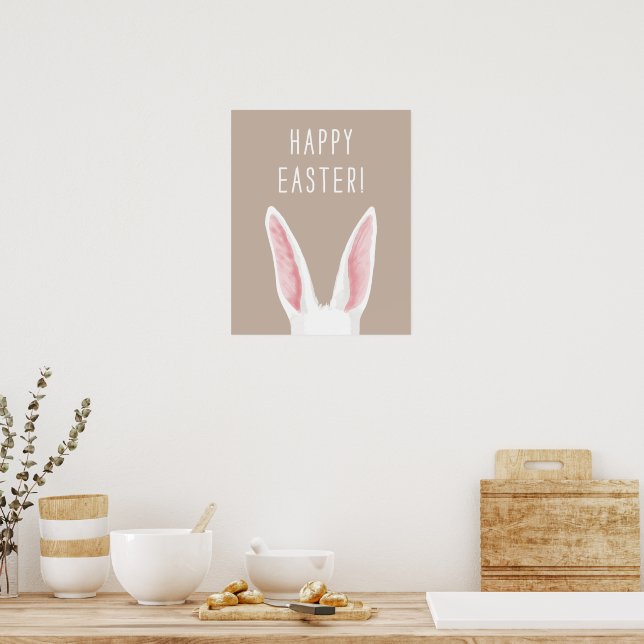 Watercolor Bunny Ears On Beige Happy Easter Poster (Kitchen)