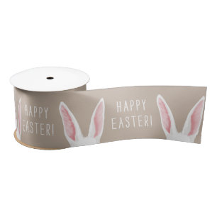 Watercolor Bunny Ears On Beige Happy Easter Satin Ribbon