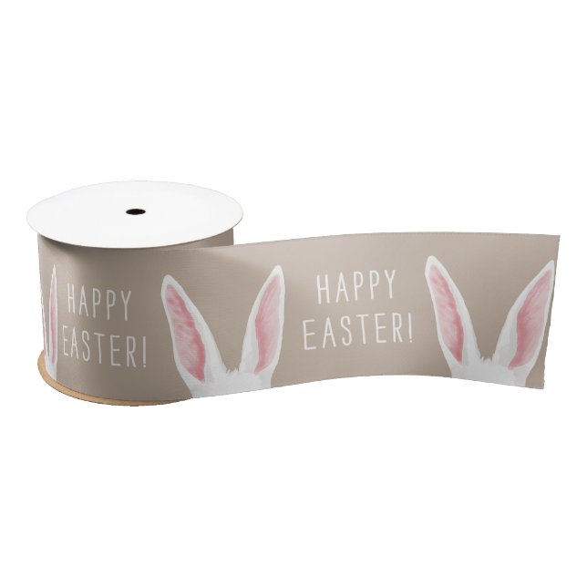 Watercolor Bunny Ears On Beige Happy Easter Satin Ribbon (Spool)