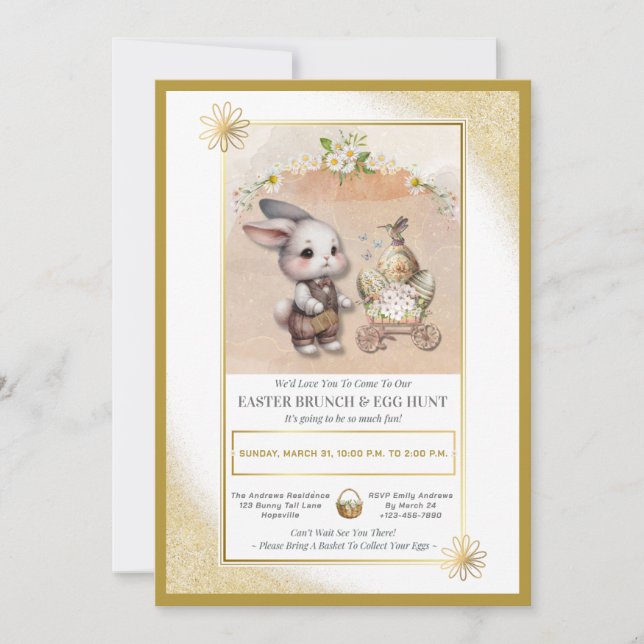 Watercolor Bunny Easter Brunch & Egg Hunt Floral   Invitation (Front)