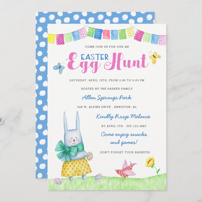 Watercolor Bunny Easter Egg Hunt Invitation (Front/Back)