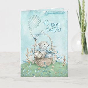 Watercolor Bunny, Eggs, Flowers and Basket Card