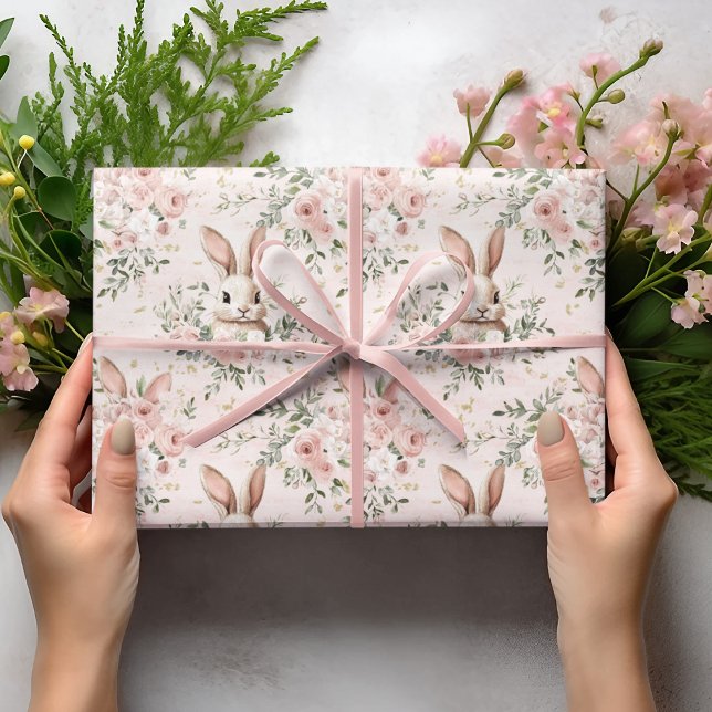 Watercolor Bunny Faces & Floral Wreath   Wrapping Paper (Creator Uploaded)