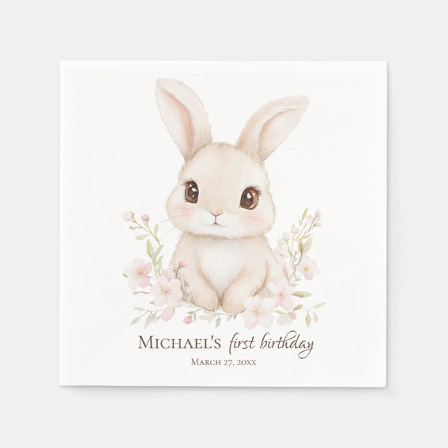 Watercolor Bunny First Birthday Party Tableware Napkin (Front)
