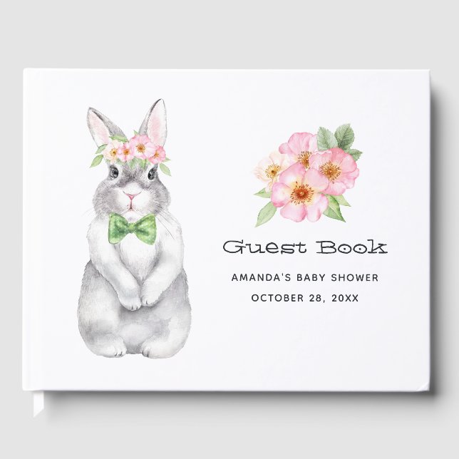 Watercolor Bunny Floral Girl Baby Shower Guest Book (Front)