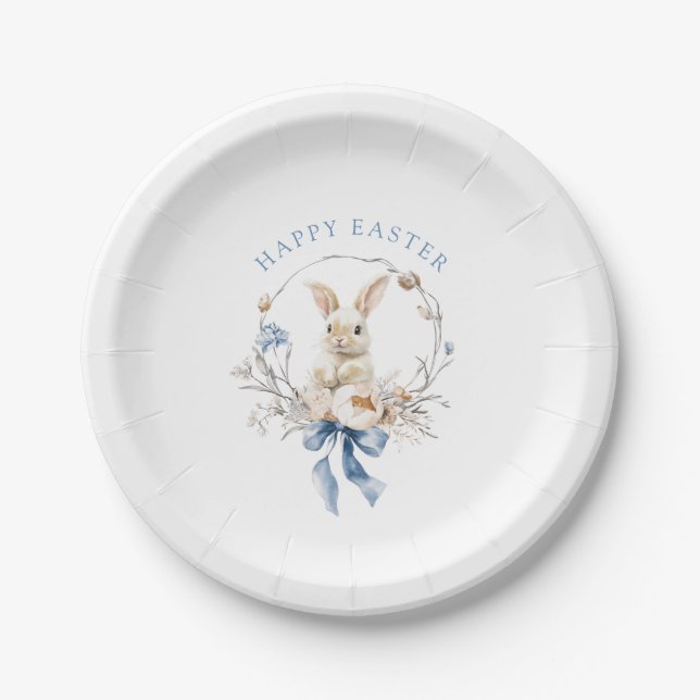 Watercolor Bunny Flowers Blue Bow Spring Easter Paper Plate (Front)
