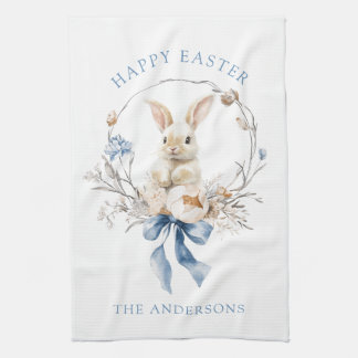 Watercolor Bunny Flowers Blue Bow Spring Tea Towel