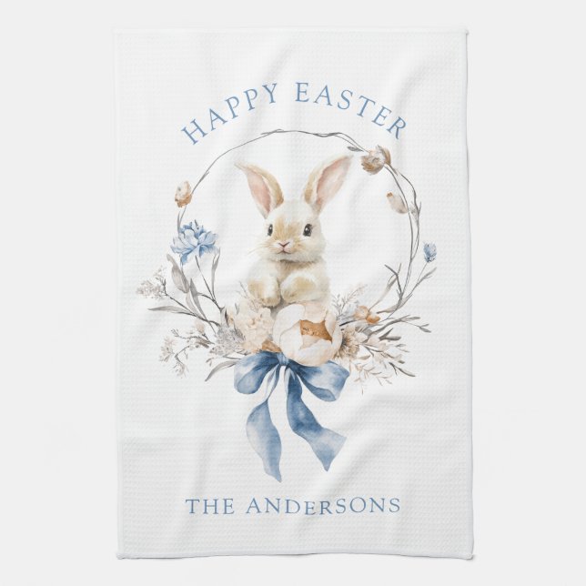 Watercolor Bunny Flowers Blue Bow Spring Tea Towel (Vertical)