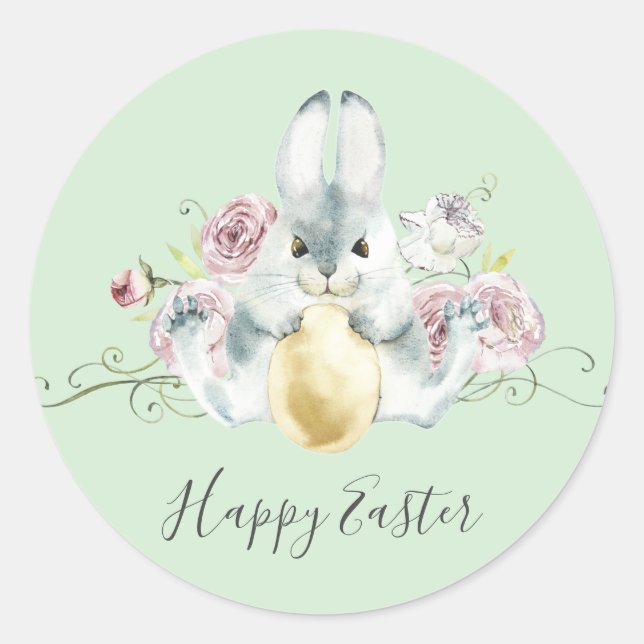 Watercolor Bunny & Flowers Easter Classic Round Sticker (Front)