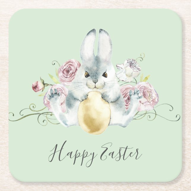 Watercolor Bunny & Flowers Easter Square Paper Coaster (Front)