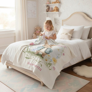 Watercolor Bunny Garden Floral Illustration Cream Fleece Blanket