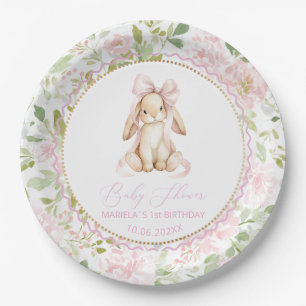 Watercolor bunny girl vintage floral 1st birthda Paper Plate