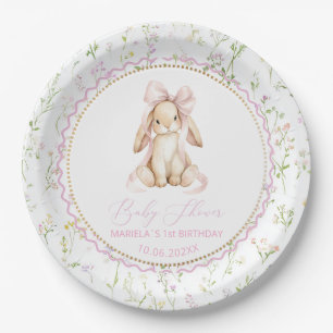 Watercolor bunny girl vintage floral 1st birthda Paper Plate