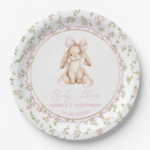  Watercolor  bunny girl vintage floral 1st birthda Paper Plate